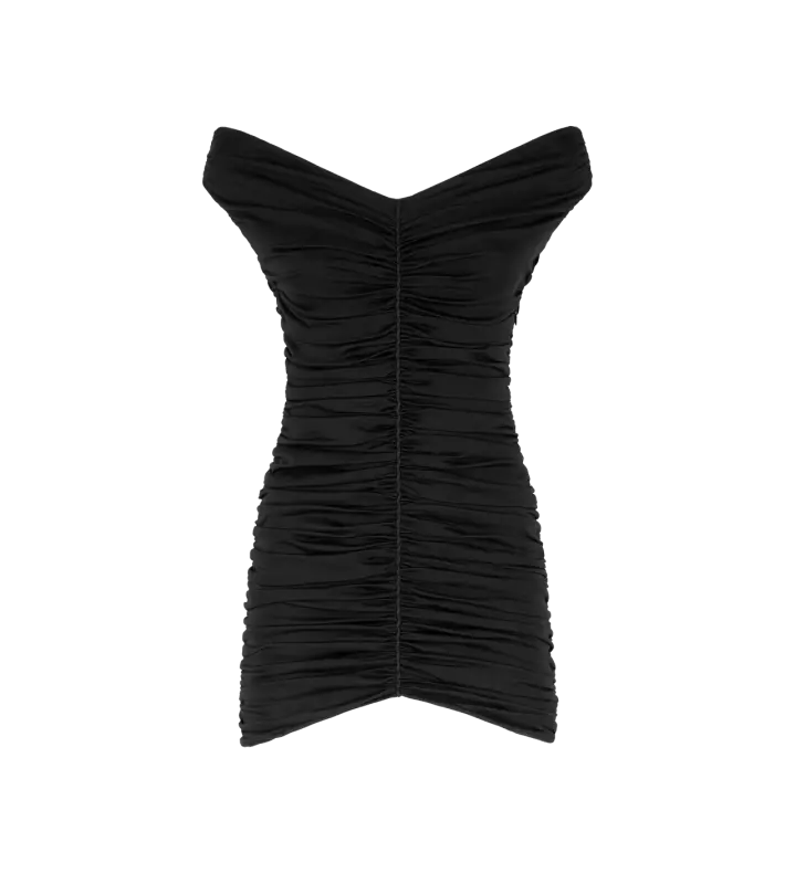 OFF THE SHOULDER GATHERED SILK MINI DRESS BLACK online